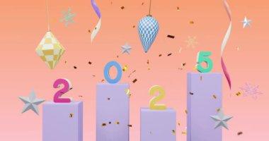 2025 yazı üzerine düşen konfeti animasyonu ve turuncu arka plandaki dekorasyonlar. Yeni yıl, gelenek ve kutlama konsepti dijital olarak oluşturuldu.