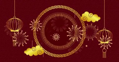 Kırmızı arka planda geleneksel Çin dekorasyonu animasyonu. Çin yeni yılı, şenlik, kutlama ve geleneksel konsept dijital olarak oluşturulmuş video.