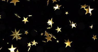 Siyah arka planda yılbaşı süslemelerinin üzerine düşen yıldızların animasyonu. Noel, şenlik, kutlama ve gelenek konsepti dijital olarak oluşturuldu.