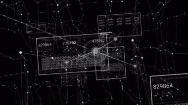 Siyah arkaplandaki bağlantı ağıyla veri işleme animasyonu. Küresel teknoloji, bilgisayar ve dijital arayüz kavramı dijital olarak oluşturulmuş video.