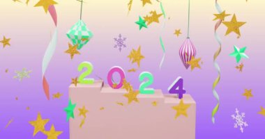 2024 yazı üzerine düşen yıldızların animasyonu ve mor arkaplan üzerine dekorasyonlar. Yeni yıl, gelenek ve kutlama konsepti dijital olarak oluşturuldu.