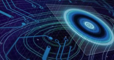 Kapsam taraması ve siyah arkaplan çizgileri ile veri işleme animasyonu. Küresel teknoloji, bilgisayar ve dijital arayüz kavramı dijital olarak oluşturulmuş video.