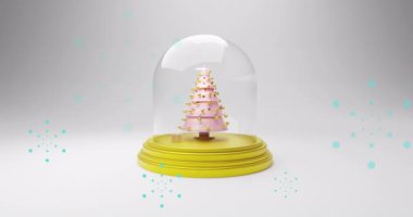 Kar küresi üzerinde mavi lekeler ve beyaz arka planda Noel ağacı animasyonu. Noel, gelenek ve kutlama konsepti dijital olarak oluşturuldu.