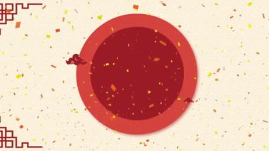 Çin geleneksel dekorasyonları ve krema arka planında daire şeklinde konfetilerin animasyonu. Çin yeni yılı, şenlik, kutlama ve geleneksel konsept dijital olarak oluşturulmuş video.