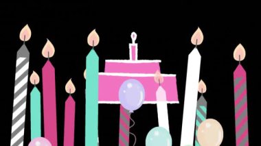 Siyah arka planda balon ve pasta animasyonu. Parti, kutlama ve dijital arayüz kavramı, dijital olarak oluşturulmuş video.