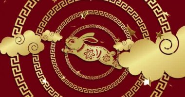 Kırmızı arka planda tavşan ve yıldızlı geleneksel Çin dekorasyonlarının animasyonu. Çin yeni yılı, şenlik, kutlama ve geleneksel konsept dijital olarak oluşturulmuş video.