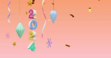 2024 yazı üzerine düşen konfeti animasyonu ve turuncu arka plandaki dekorasyonlar. Yeni yıl, gelenek ve kutlama konsepti dijital olarak oluşturuldu.