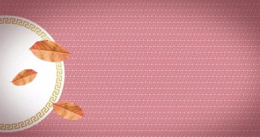 Yaprakların Çin geleneksel süslerinin üzerine düşmesi ve pembe arka planda tavşanın olması. Çin yeni yılı, şenlik, kutlama ve geleneksel konsept dijital olarak oluşturulmuş video.