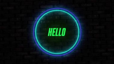 Siyah zemin üzerinde neon daire şeklinde merhaba metninin animasyonu. Video oyunu, dijital arayüz ve dijital olarak oluşturulmuş iletişim konsepti.