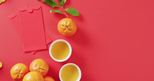 Animation Nytt Hälsningar Text Över Kinesiska Traditionella Orange Dekoration Röd — Stockvideo