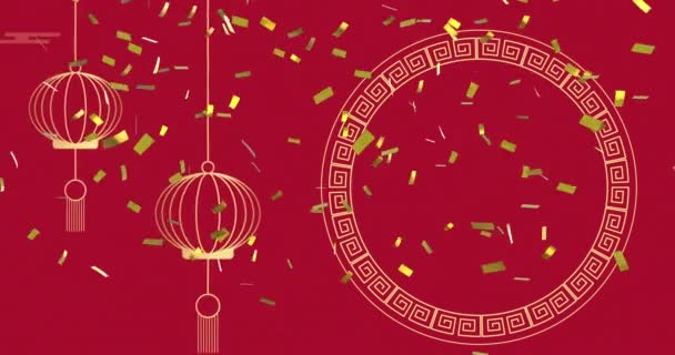 Анимация Китайских Традиционных Украшений Конфетти Красном Фоне Китайский Новый Год — стоковое видео