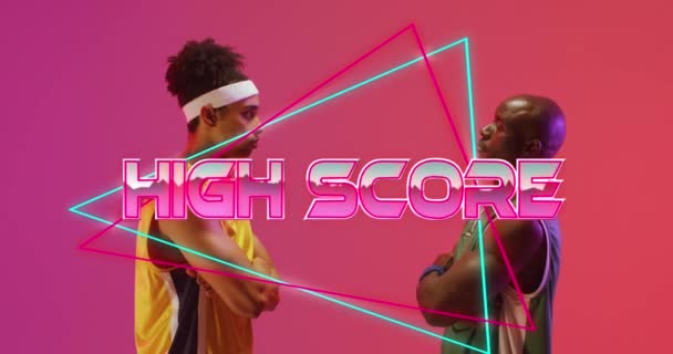 Animation High Score Text Neon Pattern Diverse Basketball Players Sports — Stock Video