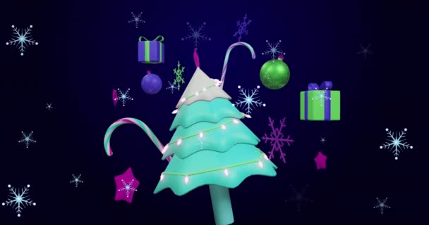 Анімація Сніжинок Над Ялинкою Прикраси Чорному Тлі Різдво Традиція Концепція — стокове відео