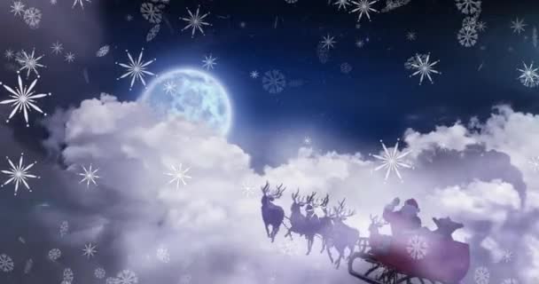 Noel Baba Nın Üzerine Yağan Kar Animasyonu Ren Geyiğiyle Kızakta — Stok video