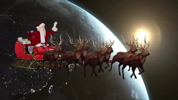Animatie Van Sneeuw Vallen Globe Kerstmis Kerstman Slee Met Rendieren — Stockvideo