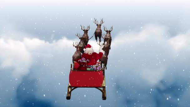 Animação Neve Caindo Sobre Natal Papai Noel Trenó Com Renas — Vídeo de Stock
