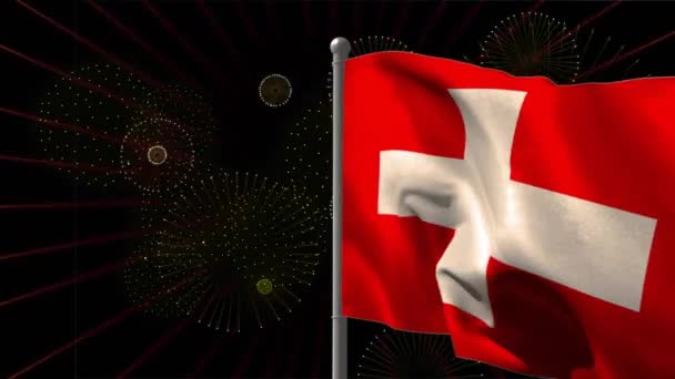 Animace Vlajky Švýcarska Nad Ohňostrojem Černém Pozadí Nový Rok Tradice — Stock video