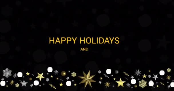 Animación Saludos Navideños Texto Decoraciones Sobre Fondo Negro Navidad Festividad — Vídeo de stock