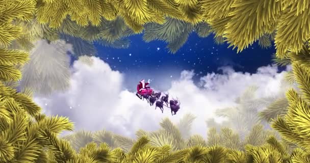 Анімація Снігу Падає Над Різдвяним Санта Клаусом Санчатах Оленями Різдво — стокове відео