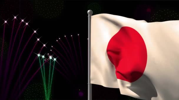 Animacja Flagi Japonii Nad Fajerwerkami Czarnym Tle Nowy Rok Tradycja — Wideo stockowe