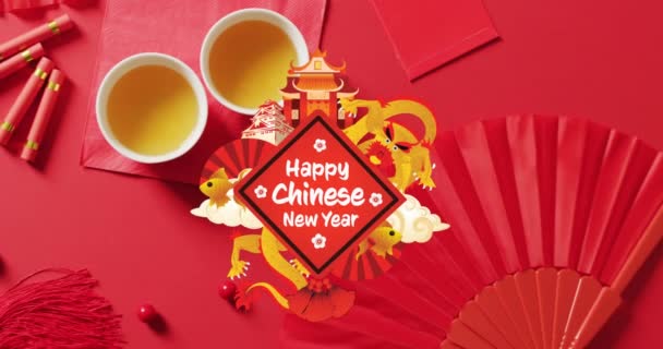 Animatie Van Nieuwjaarsgroeten Tekst Chinese Traditionele Decoraties Rode Achtergrond Chinees — Stockvideo