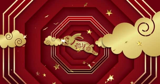 Animering Kinesiska Traditionella Dekorationer Med Kanin Och Stjärnor Röd Bakgrund — Stockvideo