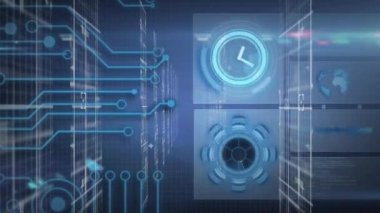 Kapsamlı tarama ile veri işleme animasyonu ve siyah arkaplan üzerindeki saat. Küresel teknoloji, bilgisayar ve dijital arayüz kavramı dijital olarak oluşturulmuş video.