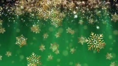 Yeşil arka planda kar taneleri ve ışık lekelerinin canlandırılması. Noel, gelenek ve kutlama konsepti dijital olarak oluşturuldu.