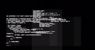 Siyah arkaplanda veri işleme animasyonu. Küresel teknoloji, bilgisayar ve dijital arayüz kavramı dijital olarak oluşturulmuş video.