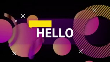 Siyah arkaplandaki şekiller üzerinden merhaba metninin animasyonu. Video oyunu, sosyal medya, dijital arayüz ve dijital olarak oluşturulmuş iletişim konsepti.