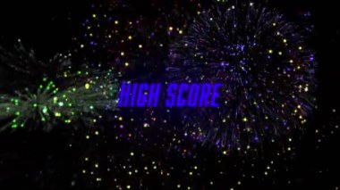 Siyah arka planda havai fişekler üzerine yüksek skorlu metin animasyonu. Geçmişe dönük gelecek ve dijital arayüz kavramı dijital olarak oluşturulmuş video.