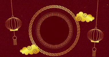 Kırmızı arka planda konfeti bulunan geleneksel Çin dekorasyonlarının animasyonu. Çin yeni yılı, şenlik, kutlama ve geleneksel konsept dijital olarak oluşturulmuş video.