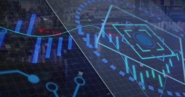 Animation of data processing and scope scanning over cityscape. Global technology, computing and digital interface concept digitally generated video.