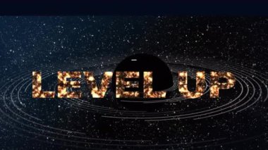 Yıldızlar ve çemberler üzerinde üst düzey metin animasyonu. Video oyunu, dijital arayüz ve dijital olarak oluşturulmuş iletişim konsepti.