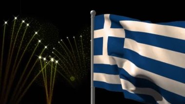 Siyah arka planda havai fişekler üzerine Yunan bayrağı animasyonu. Yeni yıl, gelenek ve kutlama konsepti dijital olarak oluşturuldu.