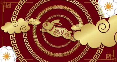 Kırmızı arka planda tavşan olan geleneksel Çin dekorasyonlarının animasyonu. Çin yeni yılı, şenlik, kutlama ve geleneksel konsept dijital olarak oluşturulmuş video.