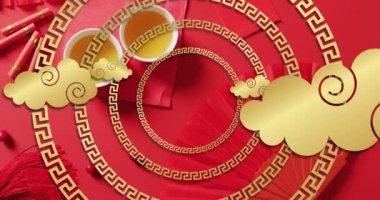 Kırmızı arka planda geleneksel Çin dekorasyonu animasyonu. Çin yeni yılı, şenlik, kutlama ve geleneksel konsept dijital olarak oluşturulmuş video.