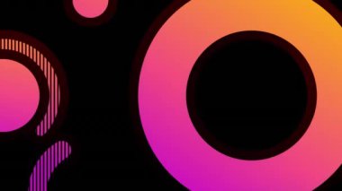 Siyah arkaplan üzerinde hareket eden şekillerin ve balonların animasyonu. Soyut arkaplan, şablon ve dijital arayüz kavramı, dijital olarak oluşturulmuş video.