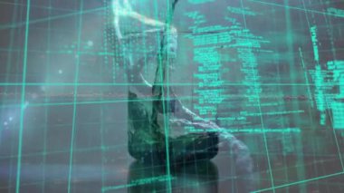 DNA ipliği ve beher üzerinde veri işleme animasyonu. Küresel bilim ve dijital arayüz kavramı dijital olarak oluşturulmuş video.