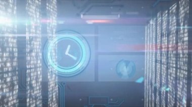 Kapsamlı tarama ile veri işleme animasyonu ve siyah arkaplan üzerindeki saat. Küresel teknoloji, bilgisayar ve dijital arayüz kavramı dijital olarak oluşturulmuş video.