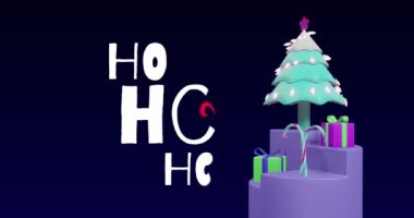 Yılbaşı kutlamalarının animasyonu. Mor arka planda mesaj ve Noel ağacı süslemeleri. Noel, şenlik, kutlama ve gelenek konsepti dijital olarak oluşturuldu.