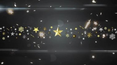 Siyah arka planda yılbaşı süslemelerinin üzerine düşen yıldızların animasyonu. Noel, şenlik, kutlama ve gelenek konsepti dijital olarak oluşturuldu.