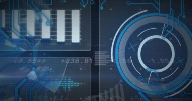 Siyah arkaplan taraması ile veri işleme animasyonu. Küresel teknoloji, bilgisayar ve dijital arayüz kavramı dijital olarak oluşturulmuş video.