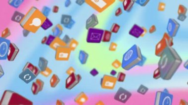 Pembe ve mavi arkaplanda birden fazla simgenin canlandırılması. Dijital olarak oluşturulan küresel ağlar, hesaplama ve veri işleme kavramı.