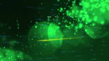 Siyah arkaplandaki ışık noktaları üzerinden finansal veri işleme animasyonu. Dijital olarak oluşturulan küresel finansman, bilgisayar ve dijital arayüz kavramı.