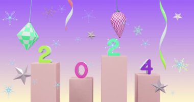 2024 metnin üzerindeki kar tanelerinin animasyonu ve mor arkaplan üzerindeki dekorasyonlar. Yeni yıl, gelenek ve kutlama konsepti dijital olarak oluşturuldu.