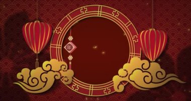 Kırmızı arka planda geleneksel Çin dekorasyonu animasyonu. Çin yeni yılı, şenlik, kutlama ve geleneksel konsept dijital olarak oluşturulmuş video.