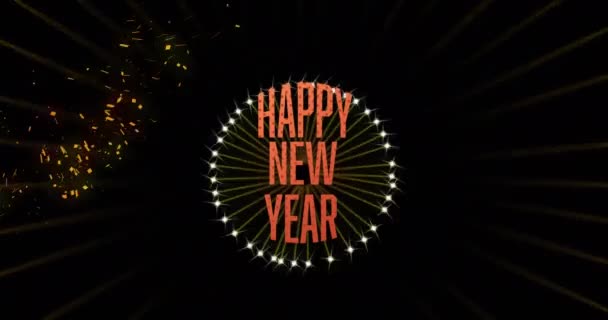 Animatie Van Vrolijke Nieuwjaarstekst Vuurwerk Zwarte Achtergrond Nieuwjaar Traditie Viering — Stockvideo