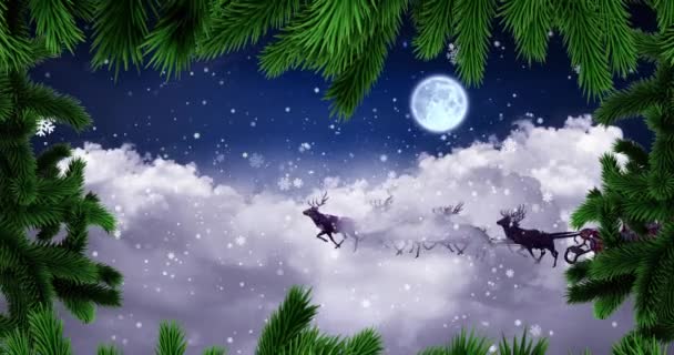 Animation Juldekorationer Och Tomten Släde Med Renar Över Fullmåne Jul — Stockvideo