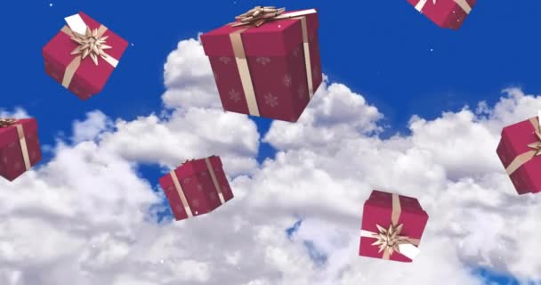 用云彩和冬日的风景在天空上制作礼物的动画 圣诞节 传统和庆祝概念数字制作的录像 — 图库视频影像